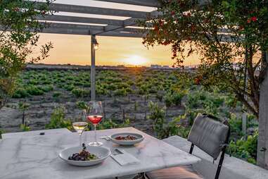 Table in winery at sunset