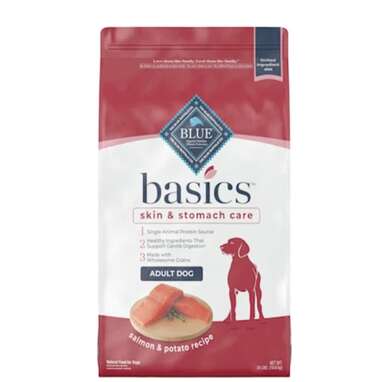 Hypoallergenic dog food without dairy, eggs, soy or wheat: Blue Buffalo Basics Skin & Stomach Care Salmon & Potato Recipe Adult Dry Dog Food