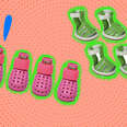 pink dog croc type shoe and green dog sandals