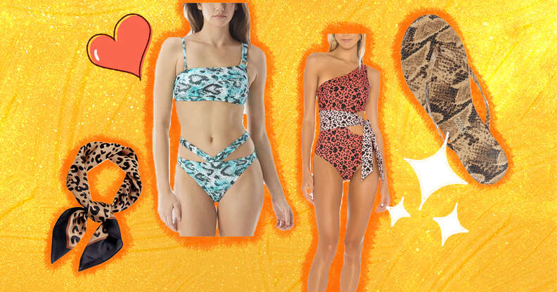 animal print hair scarf, bathing suits, and shoe