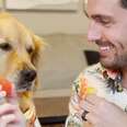 a man and a dog eating food