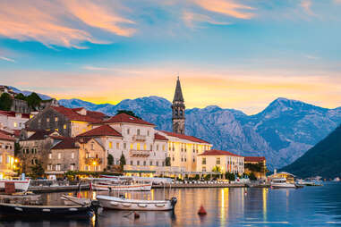 historic city of perast in the bay of kotor at sunset