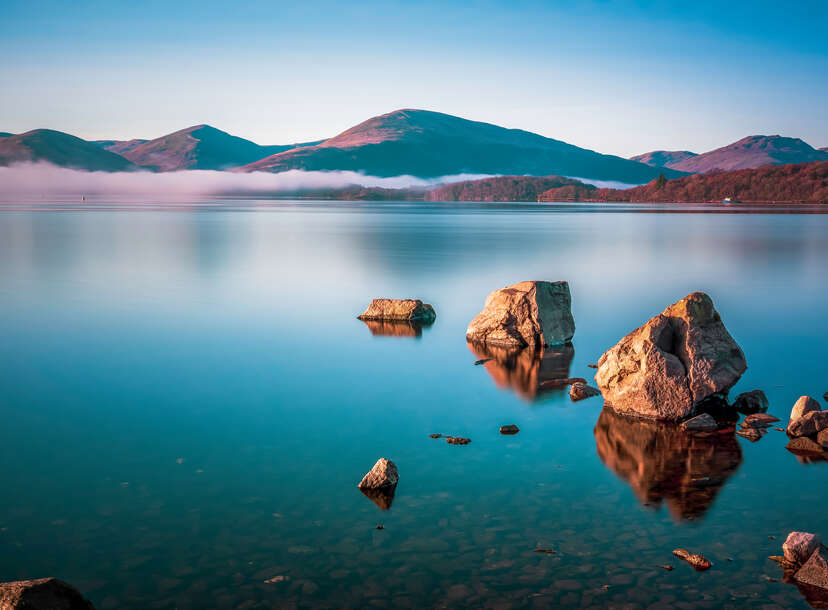 large rocks in milarrochy bay, loch lomond, scotland