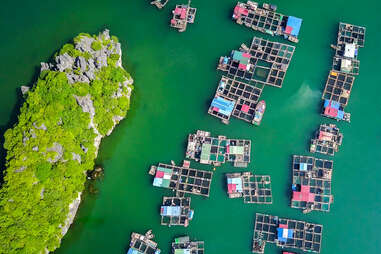 floating fishing village and rock island in Cat Ba island from above
