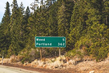 road sign that reads “weed”
