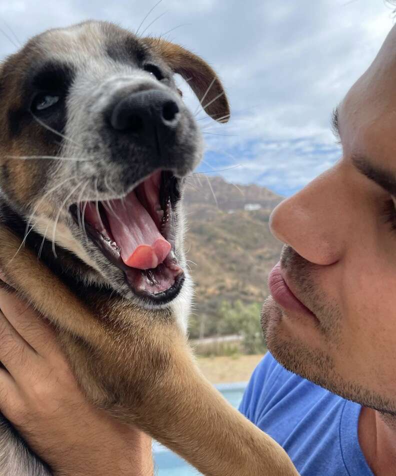 Taylor Lautner holds hi new puppy.