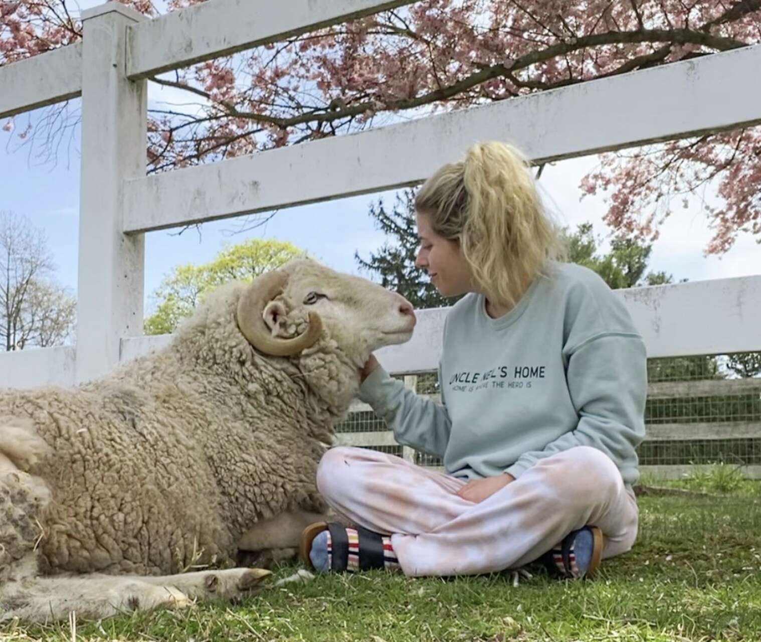 A woman kisses a ram as they sit on the grass together.