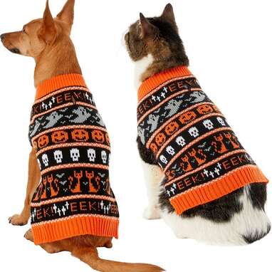 He’ll be ready for trick-or-treating: Frisco Halloween Fair Isle Dog & Cat Sweater