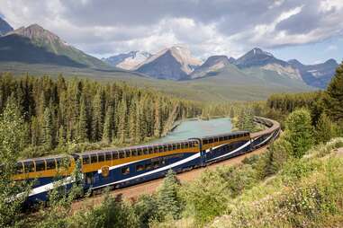 a train curving in the Canadian Rockies 