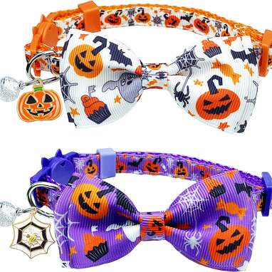A costume for cats who don’t like to dress up: Pohshido Jack-O-Lantern and Spider Collars for Cats