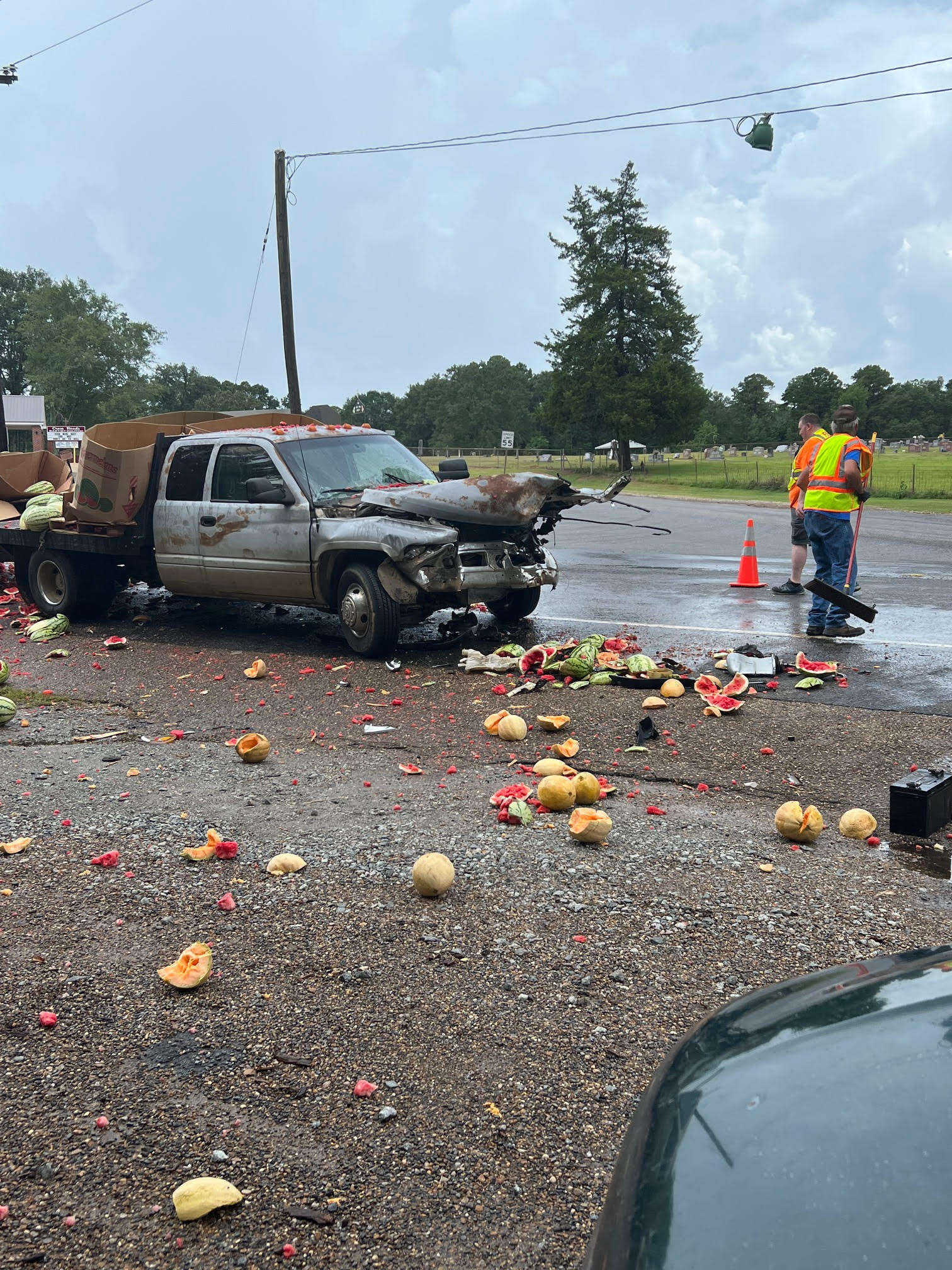 A produce truck after accident that crushed melons.