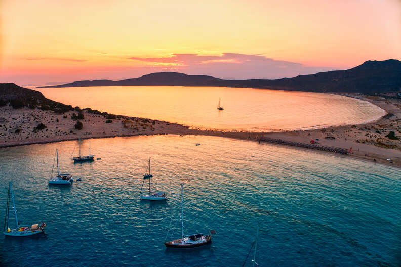 Aerial view of Simos beach at sunset