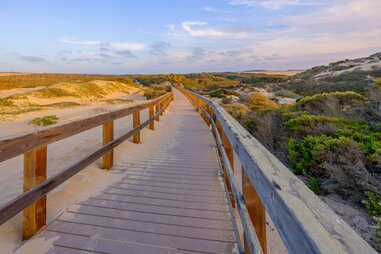 wooden beach boardwalk through sand dunes