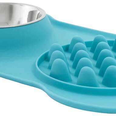 FRISCO Paw Design Silicone Stainless Steel Slow Feeder Dog & Cat Bowl,  Blue, 2 Cup 