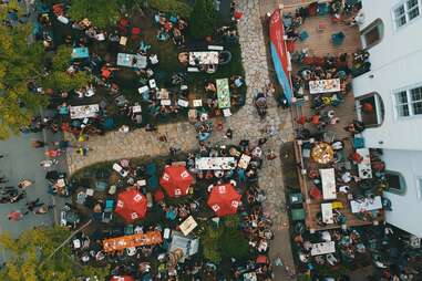 aerial view of busy patio