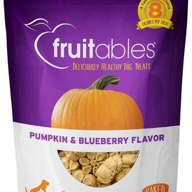 The perfect fall training treat: Fruitables Pumpkin & Blueberry Flavor Crunchy Dog Treats
