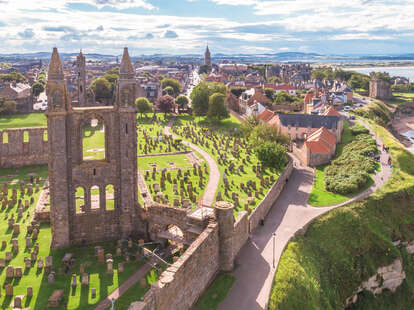 The St Andrews Cathedral in the foreground of the town of St Andrews