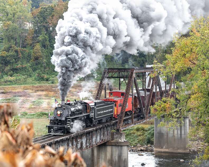 a train coming along bridge