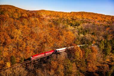 a bird's eye view of a train chugging through autumn hills