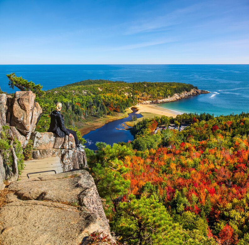 person on cliff overlooking forest