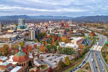 aerial view of downtown in fall