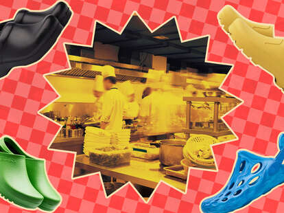 rubber clogs surrounding a kitchen scene