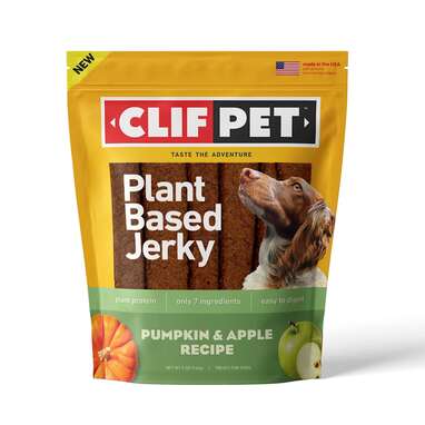 These great-smelling and easy-to-chew jerky treats: CLIF PET Plant Based Jerky Pumpkin and Apple Recipe Dog Treat