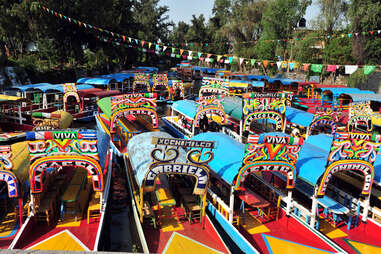 Colorful Mexican gondolas at Xochimilco's Floating Gardens