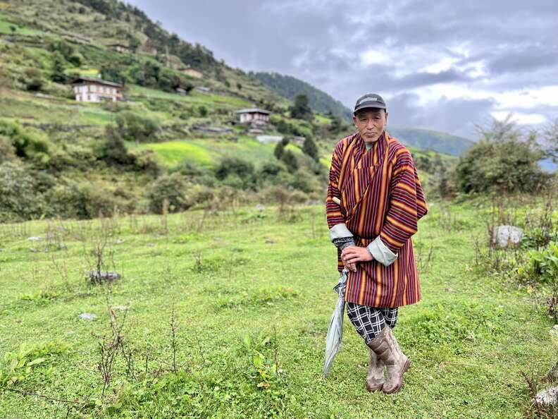 man standing in grassy mountain