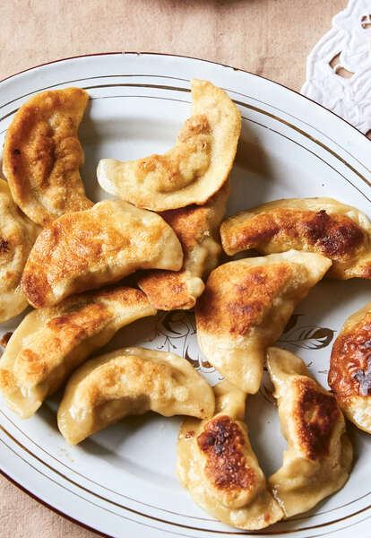 fried pierogi and cranberry sauce