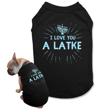A sweet shirt for the pup who loves you “a latke”: “I Love You A Latke” Dog Hanukkah Shirt