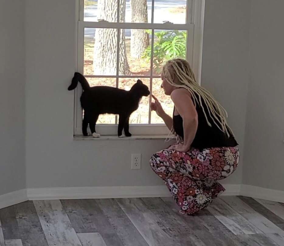 woman and black cat in window 