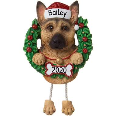 An adorable dog with a Santa hat and a wreath: Personalized German Shepherd Christmas Tree Ornament 2022