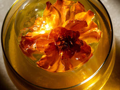 floral ice cube in a cocktail