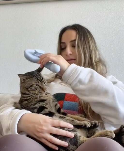 A woman pretends to brush her cat.