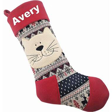 Gotta love that smile: Knit Personalized Cat Christmas Stocking