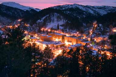 aerial view of lead deadwood ski town at night