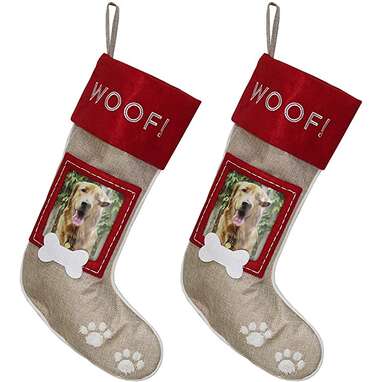 Get him photo ready with this set: 2 Pack Dog Christmas Stockings With Photo Insert