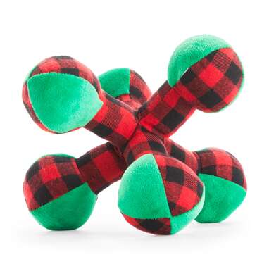 A twist on the classic ball toy: More and Merrier Plush Buffalo Check Jack Dog Toy