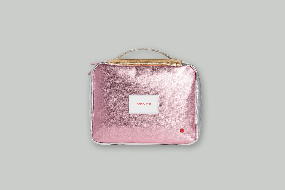 metallic pink toiletry bag