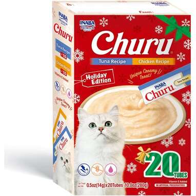 The treat she won’t stop begging for: INABA Churu Holiday Tuna & Chicken Lickable Cat Treats