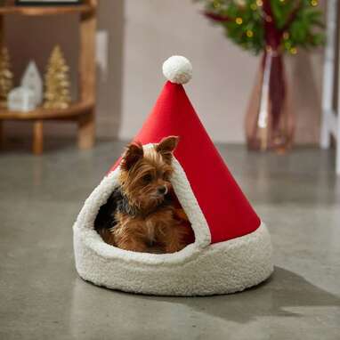 A holiday-themed cat cave: Frisco Holiday Santa Hat Cave Bed