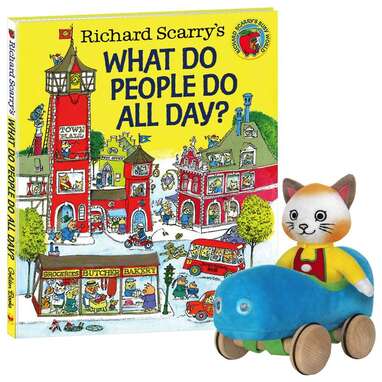 A classic book and toy set: Yottoy Huckle Cat Soft Toy With Car And Richard Scarry Hardcover Book (ages 3+)