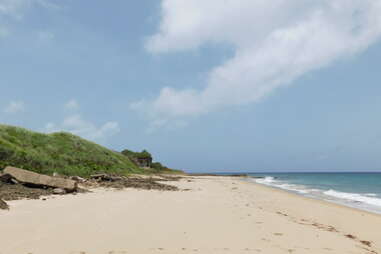 beautiful beach lined with green ocean cliffs