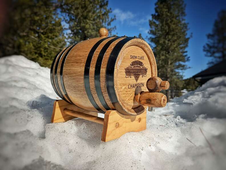 a barrel keg used as a trophy for the Barstool Ski Races in Montana