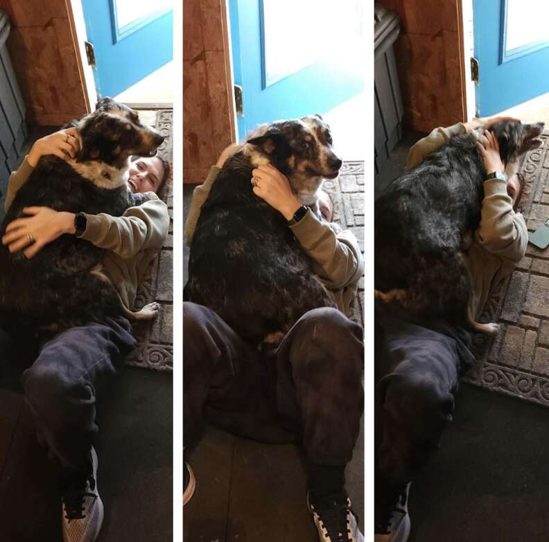 dog hugging woman 