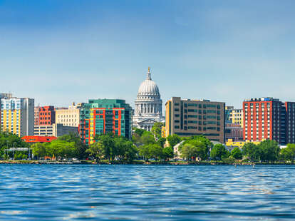 Madison, Wisconsin skyline shone from Lake Monona