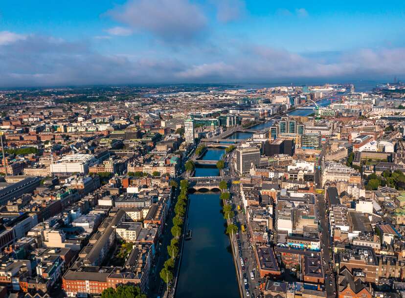 An aerial view of Dublin, Ireland during a cloudy day. 