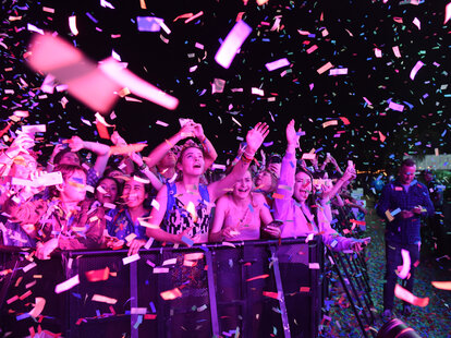 Confetti flies above the crowd at the Tame Impala performance during the 2019 Coachella Valley Music And Arts Festival on April 13, 2019 in Indio, California