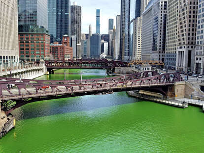 The Chicago River dyed green for St. Patrick's Day.